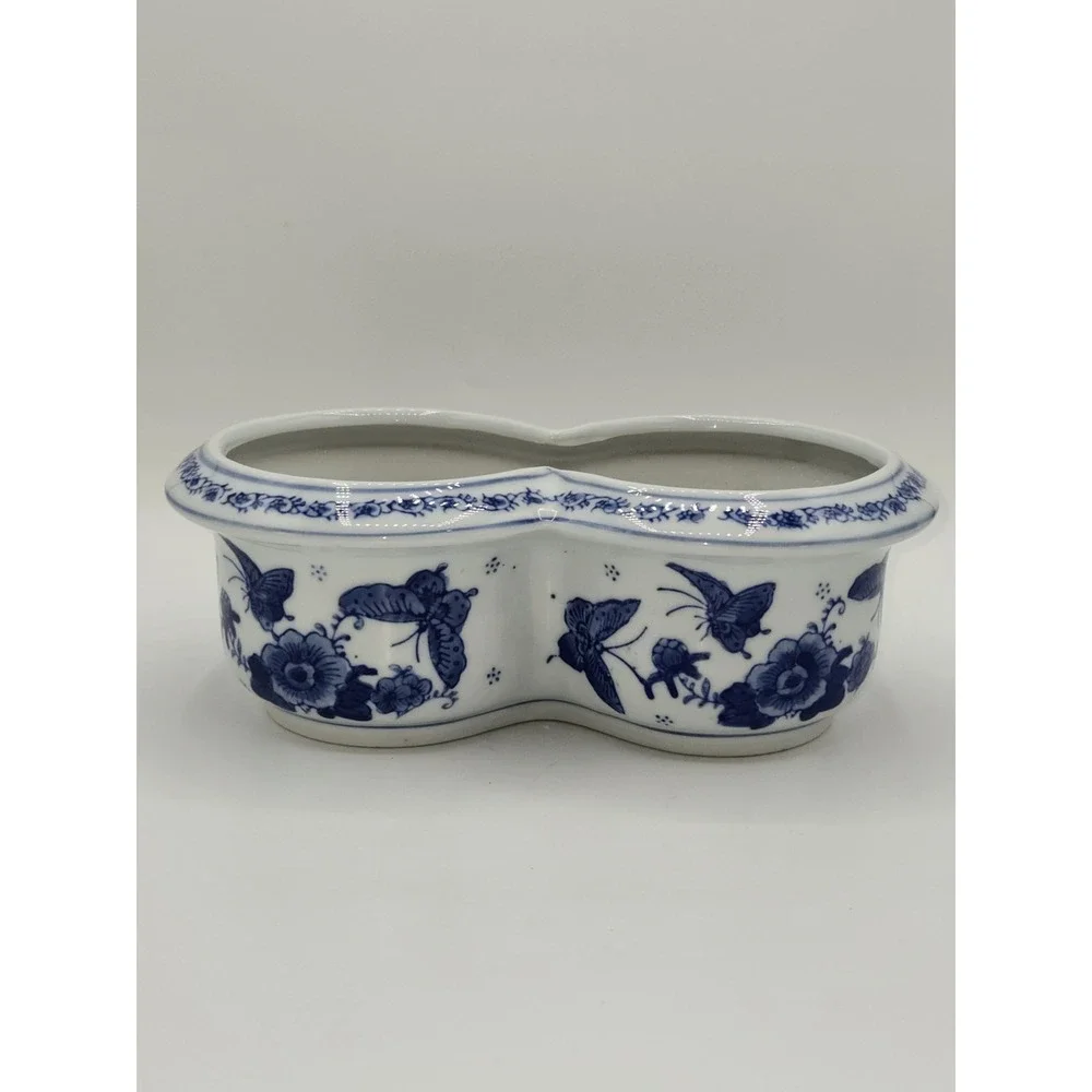 Vintage Blue White Porcelain Double Planter Butterfly Floral Cache Pot Japan